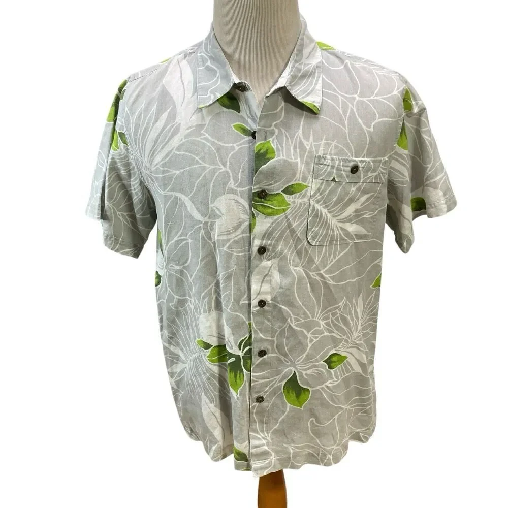 Toes On The Nose Button Up Shirt M Gray Green Floral Hawaiian Aloha Camp Mens‎